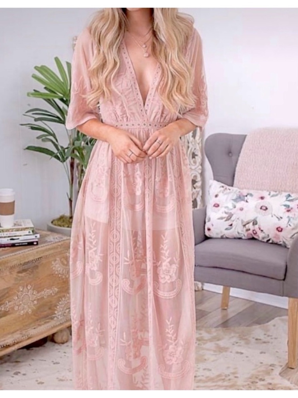 Wishlist Blush Pink Embroidered Midi Dress